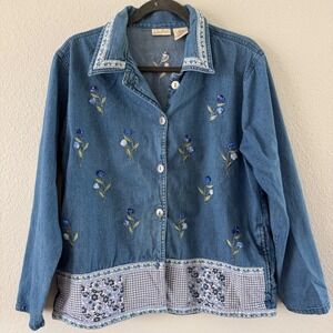 Bobbie Brooks Floral Embroidered Denim Shirt Jacket Blue Patchwork Gingham Small